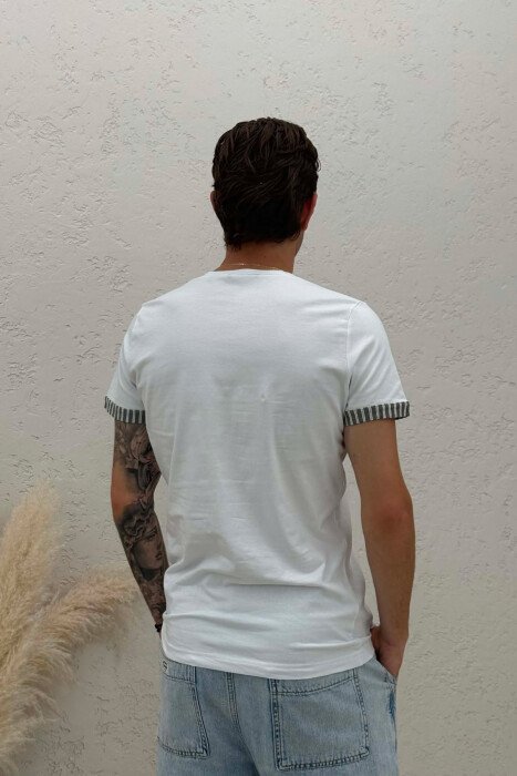 V NECK DETAILS MEN T-SHIRT WHITE/GREY-BAGR - 2
