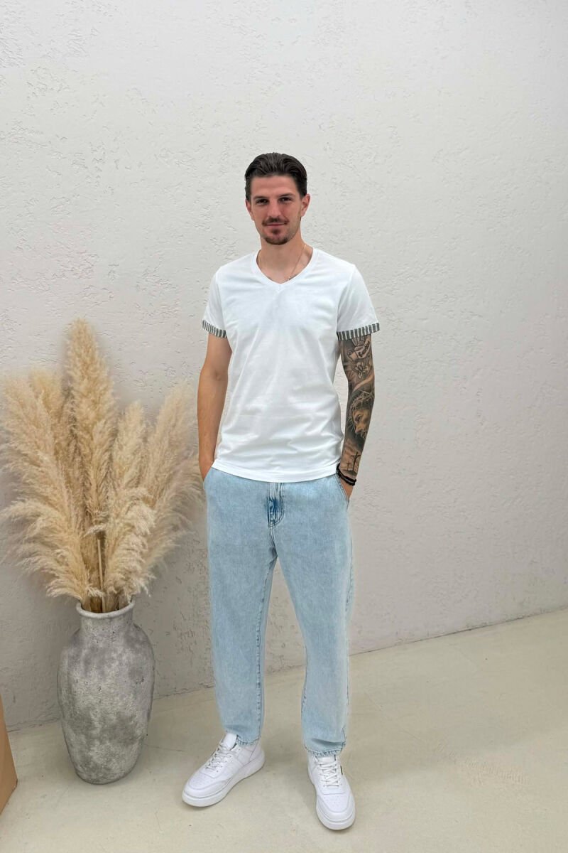 V NECK DETAILS MEN T-SHIRT WHITE/GREY-BAGR - 3