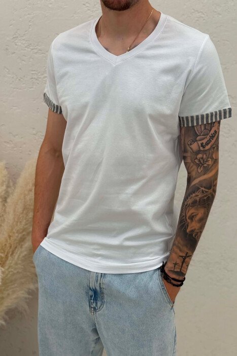 V NECK DETAILS MEN T-SHIRT WHITE/GREY-BAGR - 4