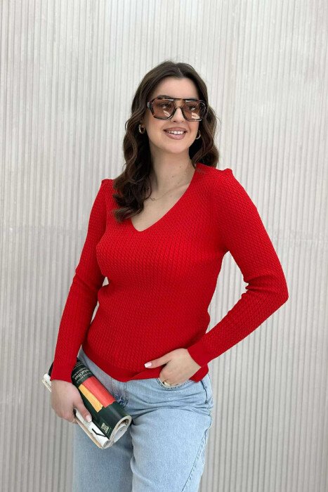 V NECK KNITTED ONE COLOR WOMEN SWEATER RED/E KUQE 