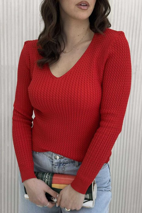 V NECK KNITTED ONE COLOR WOMEN SWEATER RED/E KUQE - 2
