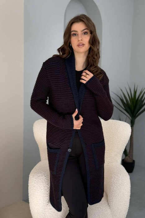 V NECK KNITTED WOMEN CARDIGAN BROWN/KAFE - KLAUDIO FASHION