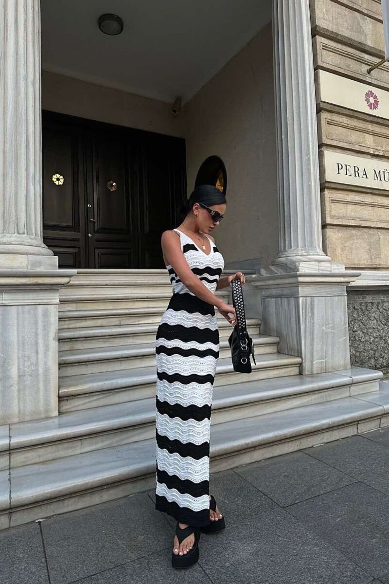 V NECK KNITTED WOMEN DRESS BLACK-WHITE/ZB - 11