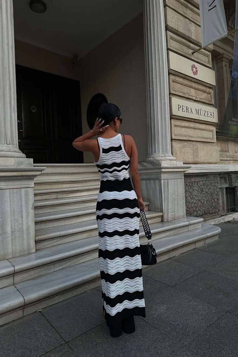 V NECK KNITTED WOMEN DRESS BLACK-WHITE/ZB - 12