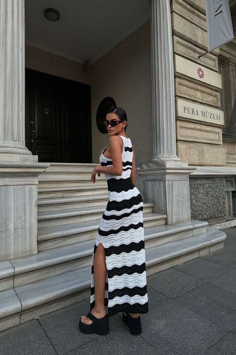 V NECK KNITTED WOMEN DRESS BLACK-WHITE/ZB - 14