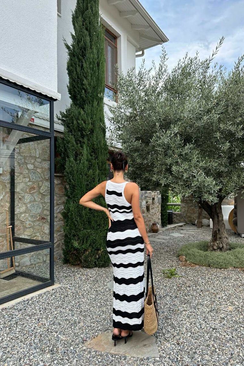 V NECK KNITTED WOMEN DRESS BLACK-WHITE/ZB - 6