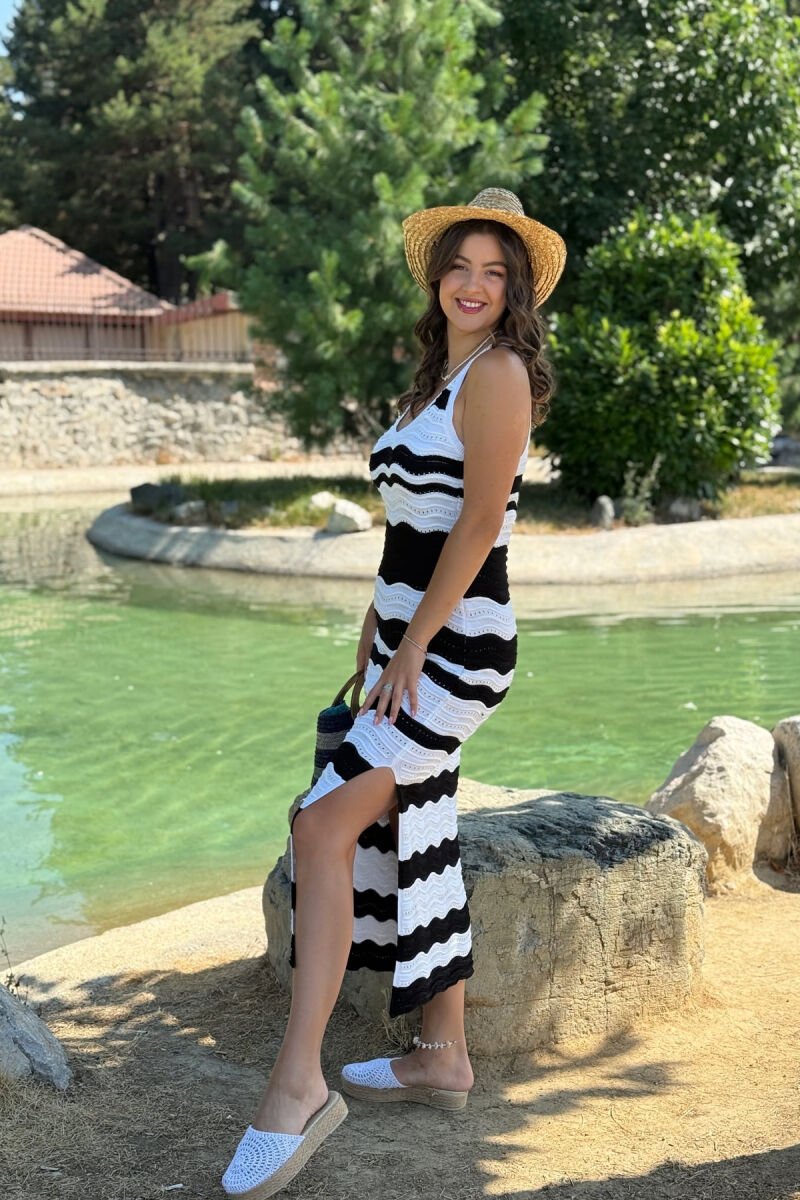 V NECK KNITTED WOMEN DRESS BLACK-WHITE/ZB - 5