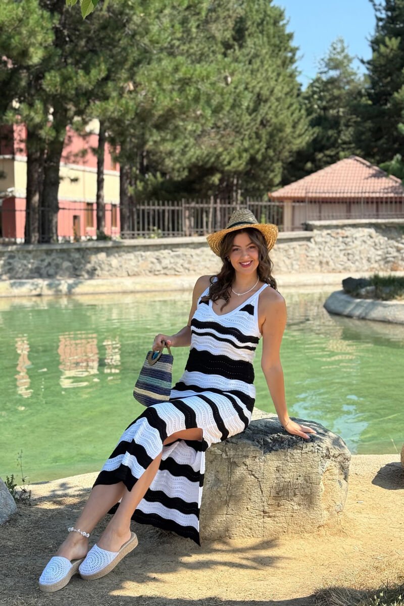 V NECK KNITTED WOMEN DRESS BLACK-WHITE/ZB - 4