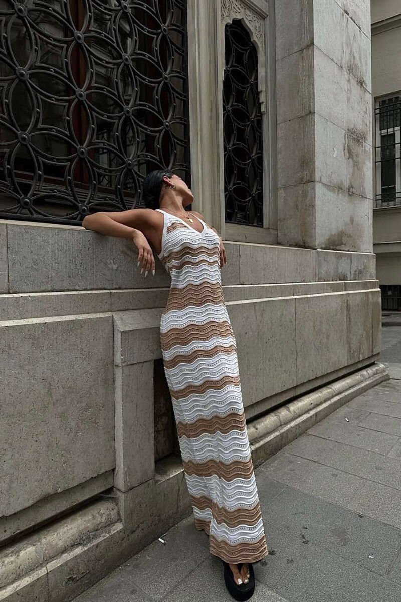 V NECK KNITTED WOMEN DRESS WHITE-BROWN/BAKA - 12