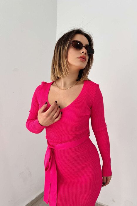V NECK LACING BELT DETAIL KNITTED WOMEN DRESS FUCHSIA/CIKLAMI - 2