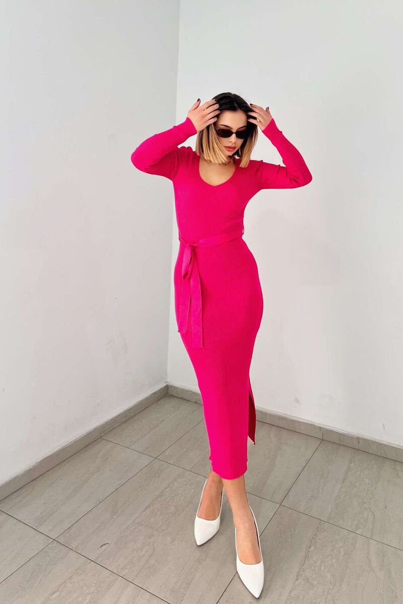 V NECK LACING BELT DETAIL KNITTED WOMEN DRESS FUCHSIA/CIKLAMI - 3