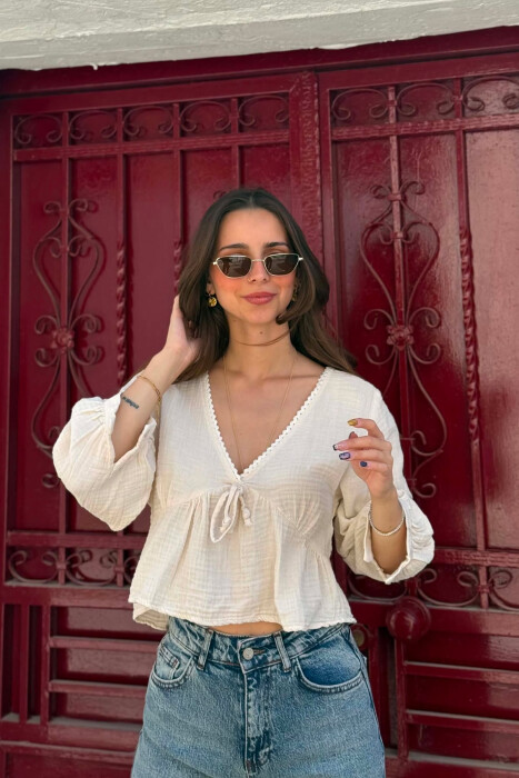 V NECK LINEN BLEND WOMAN SHIRT CREAM/KREM - KLAUDIO FASHION