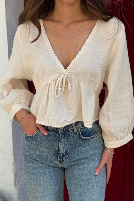 V NECK LINEN BLEND WOMAN SHIRT CREAM/KREM - 2