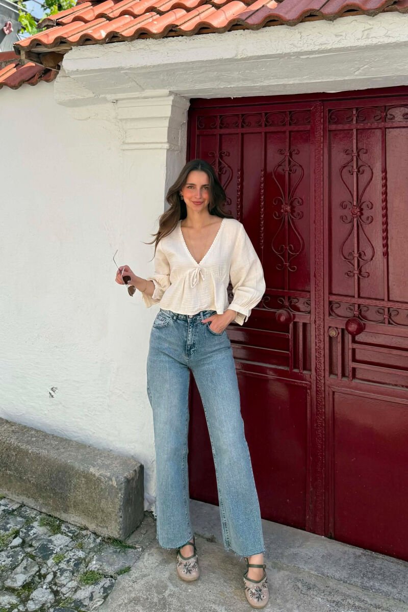 V NECK LINEN BLEND WOMAN SHIRT CREAM/KREM - 4