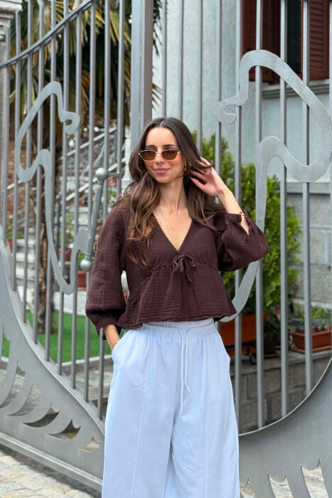 V NECK LINEN BLEND WOMAN SHIRT DARK BROWN/KAE - KLAUDIO FASHION