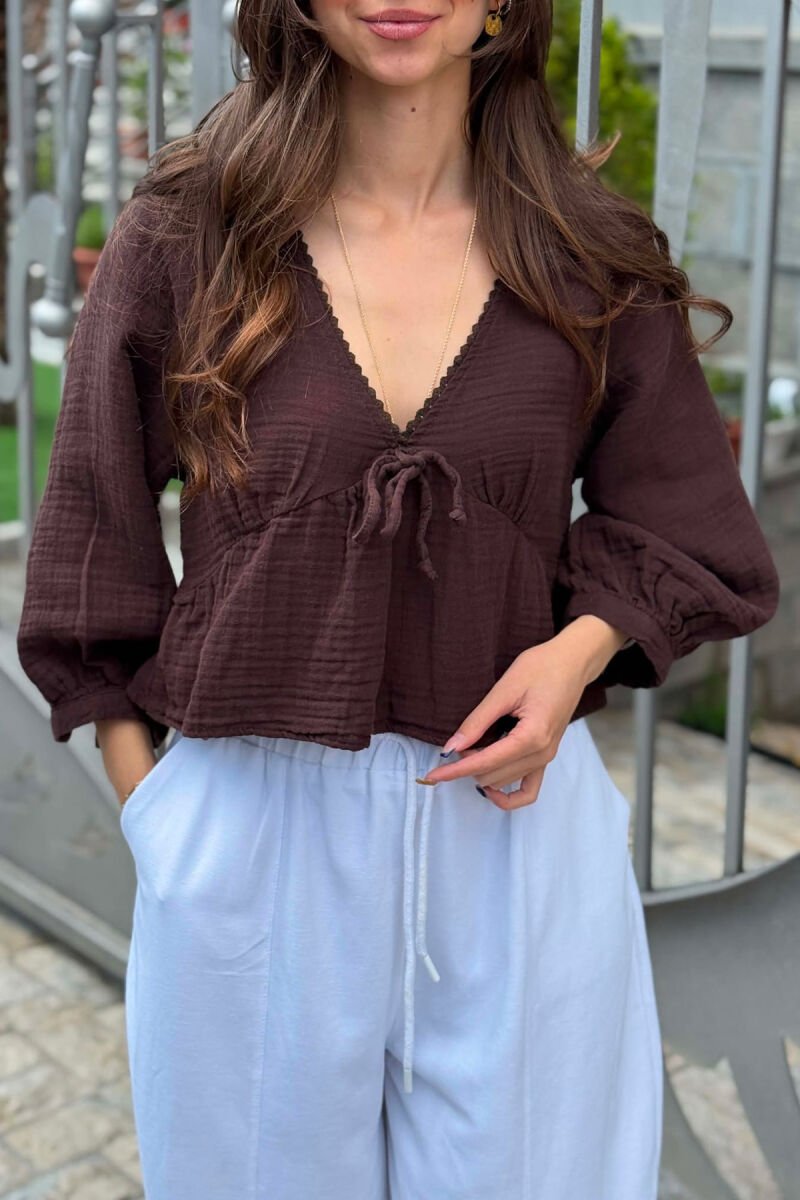 V NECK LINEN BLEND WOMAN SHIRT DARK BROWN/KAE - 3