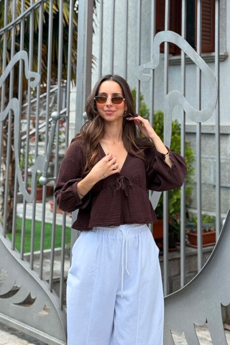 V NECK LINEN BLEND WOMAN SHIRT DARK BROWN/KAE - 4