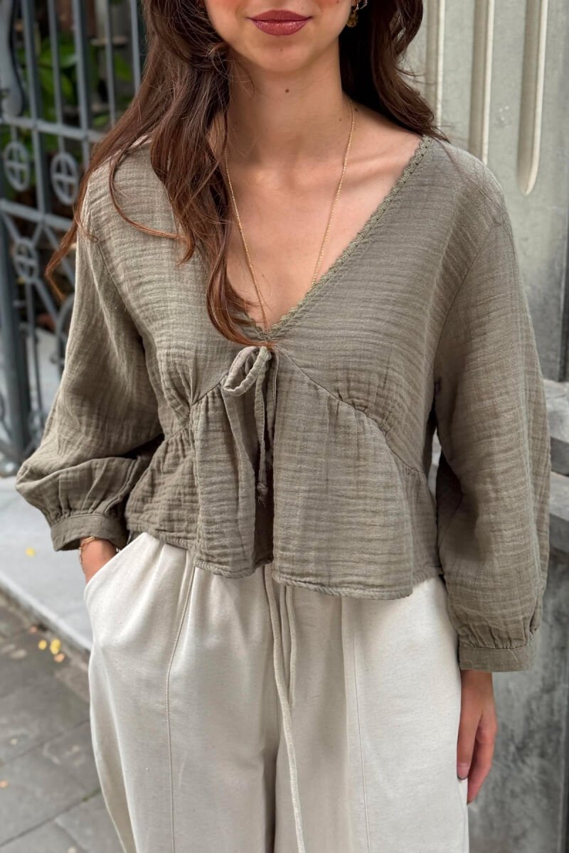 V NECK LINEN BLEND WOMAN SHIRT OLIVE/ULLI - 2