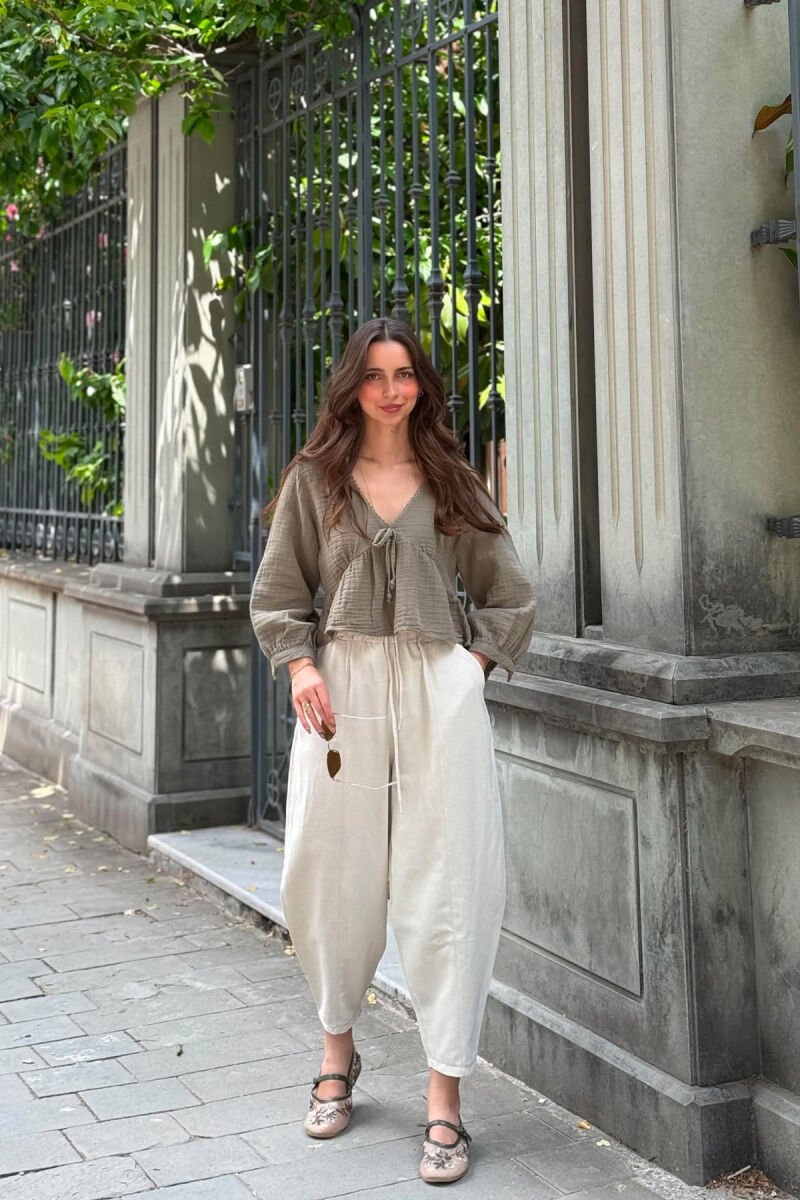 V NECK LINEN BLEND WOMAN SHIRT OLIVE/ULLI - 4