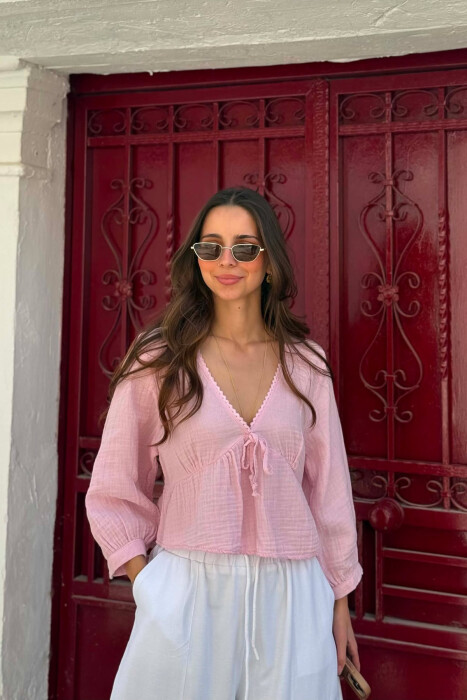 V NECK LINEN BLEND WOMAN SHIRT PINK/ROZE - KLAUDIO FASHION