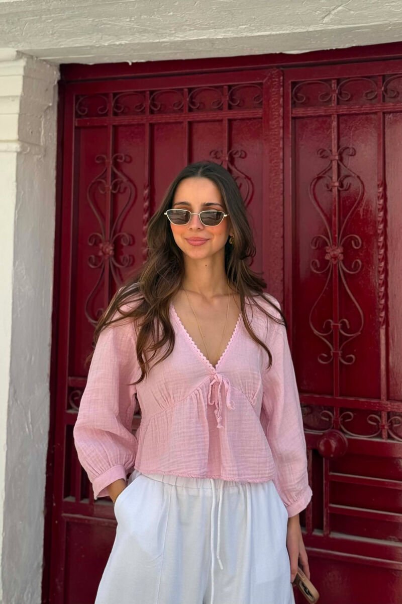 V NECK LINEN BLEND WOMAN SHIRT PINK/ROZE - 1