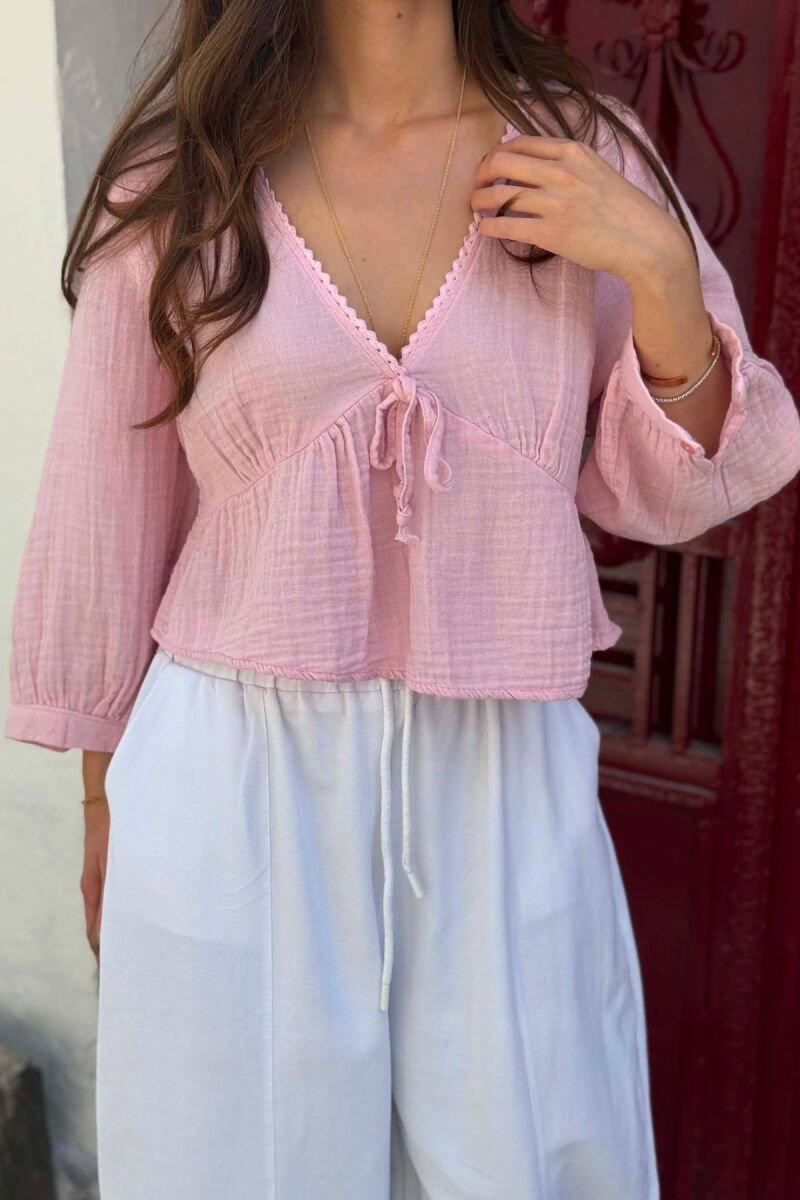V NECK LINEN BLEND WOMAN SHIRT PINK/ROZE - 2