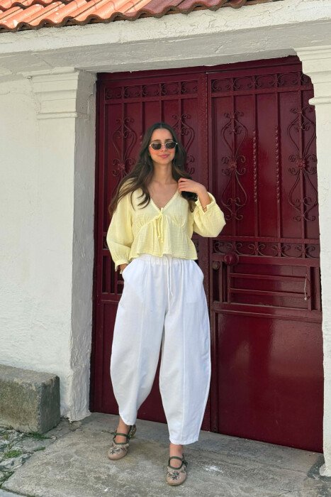 V NECK LINEN BLEND WOMAN SHIRT YELLOW/E VERDHE - 3