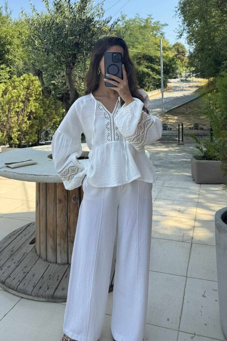 V NECK LINEN LONG SLEEVE WOMEN SHIRT WHITE-E BARDHE - KLAUDIO FASHION