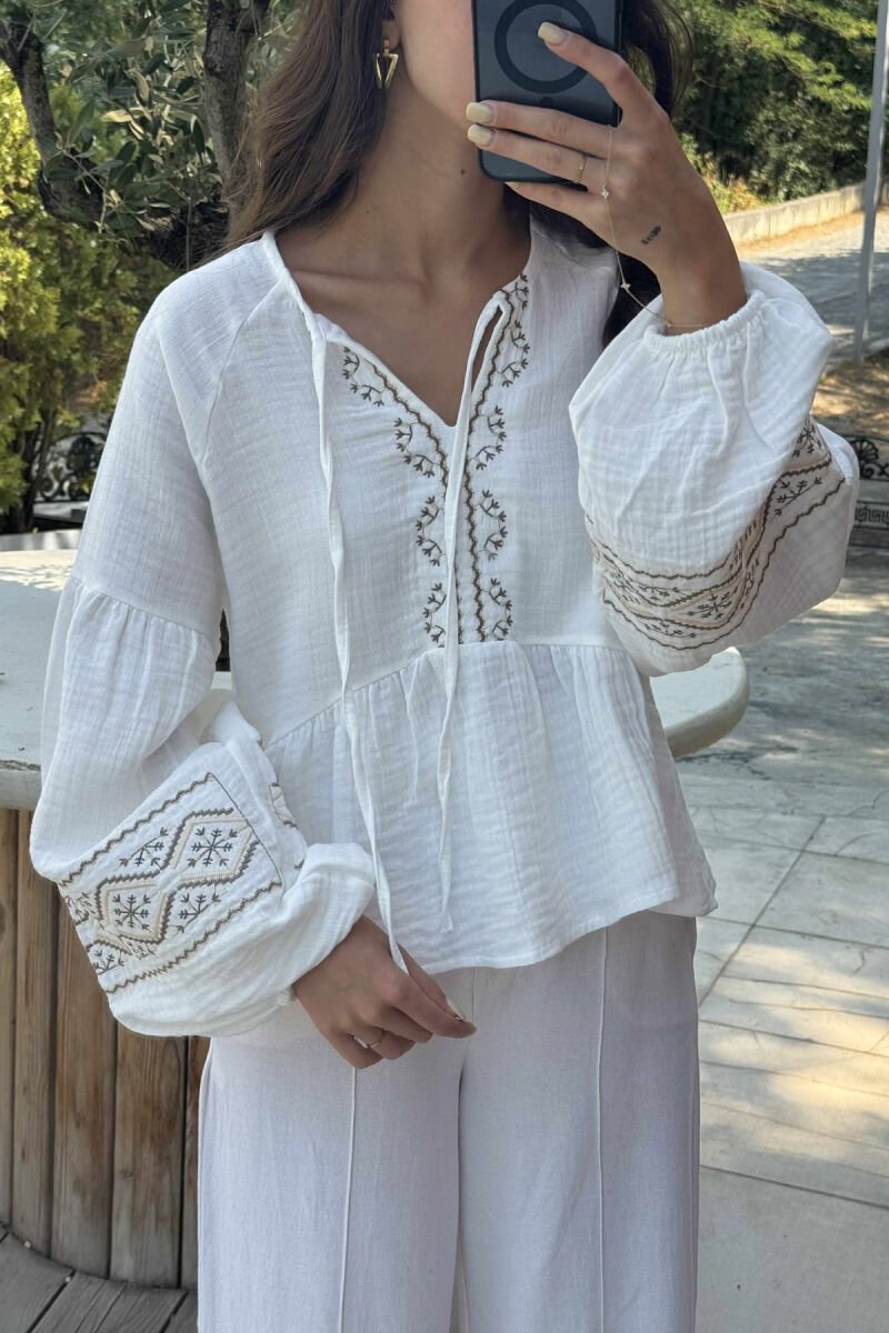 V NECK LINEN LONG SLEEVE WOMEN SHIRT WHITE-E BARDHE - 2