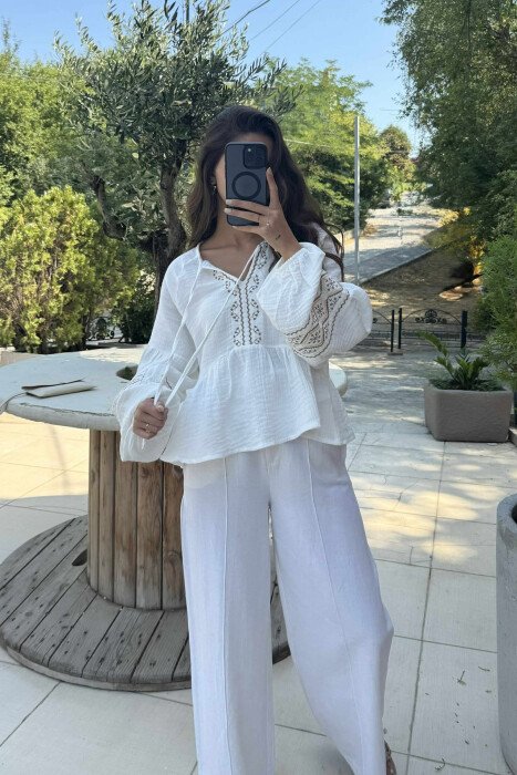 V NECK LINEN LONG SLEEVE WOMEN SHIRT WHITE-E BARDHE - 4