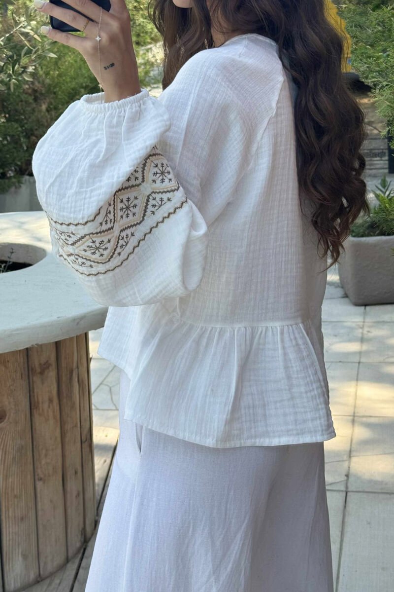 V NECK LINEN LONG SLEEVE WOMEN SHIRT WHITE-E BARDHE - 5