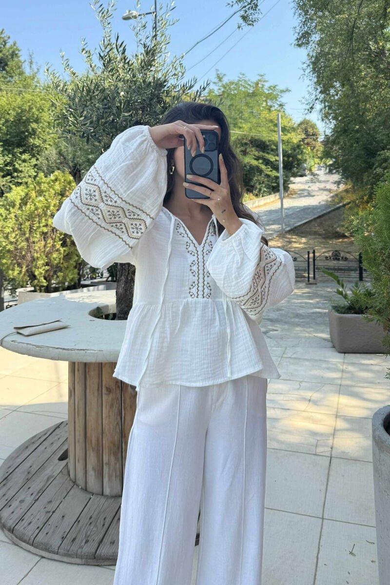 V NECK LINEN LONG SLEEVE WOMEN SHIRT WHITE-E BARDHE - 6