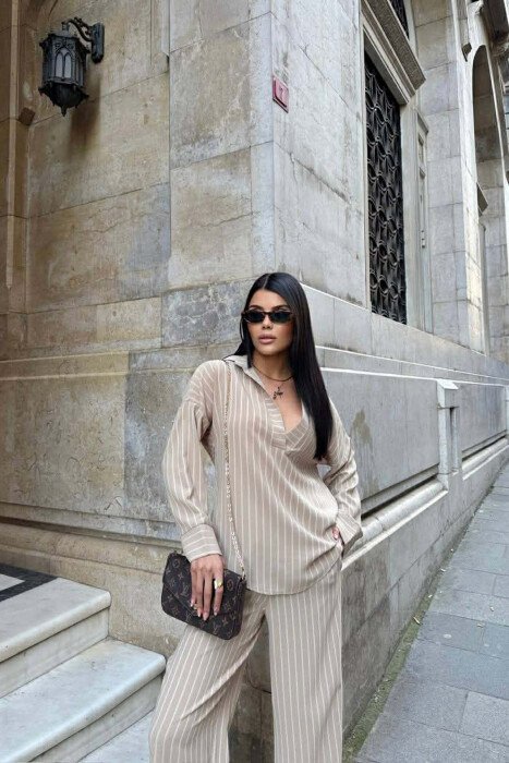 V NECK LINES DESIGN SHIRT+ TROUSERS WOMEN SET BEIGE/BEZHE - 2