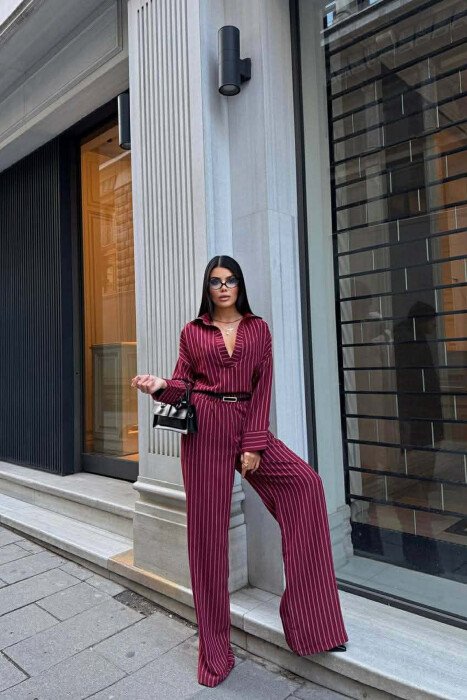 V NECK LINES DESIGN SHIRT+ TROUSERS WOMEN SET BURGUNDY/VISHNJE - 1