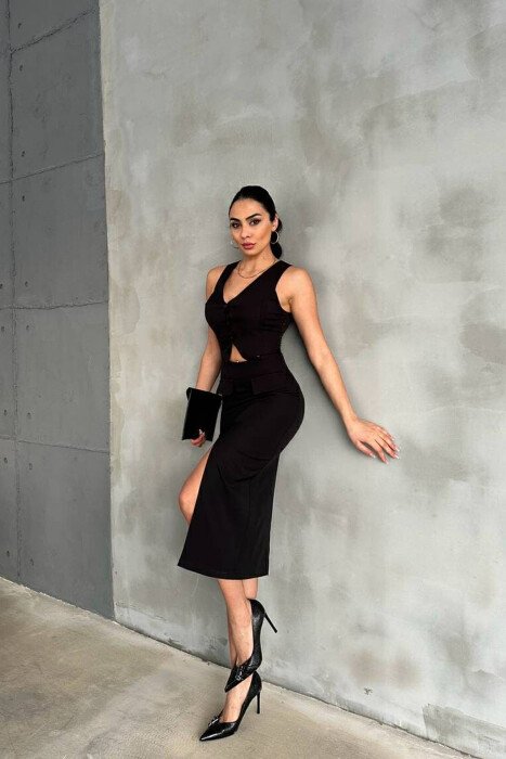 V NECK LONG BUTTONS WOMEN DRESS BLACK/ E ZEZE 