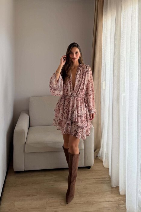 V NECK LONG SLEEVE WOMAN DRESS BEIGE/BEZHE - KLAUDIO FASHION