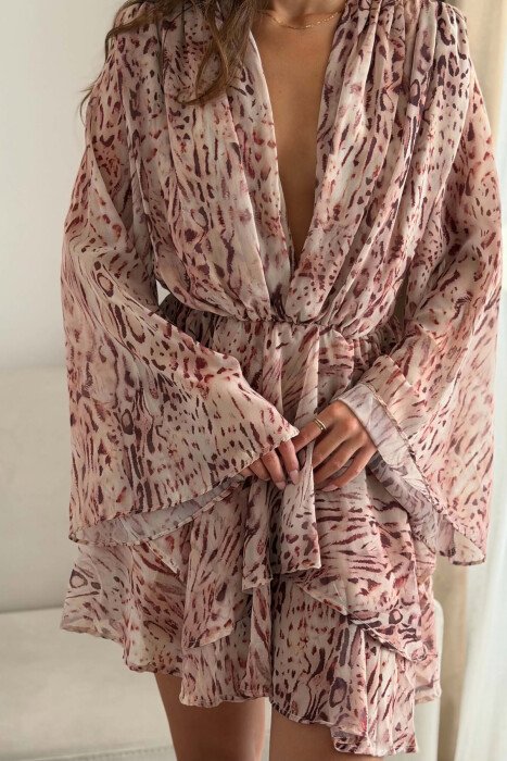 V NECK LONG SLEEVE WOMAN DRESS BEIGE/BEZHE - 2