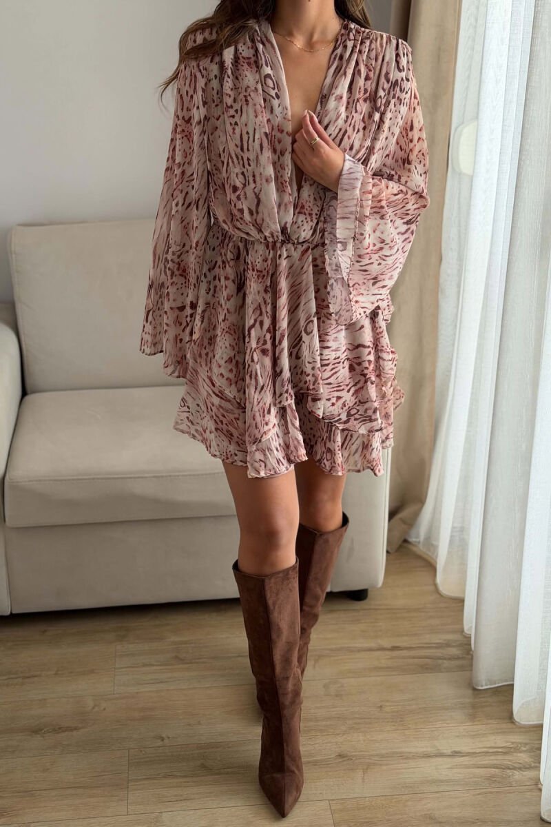 V NECK LONG SLEEVE WOMAN DRESS BEIGE/BEZHE - 4