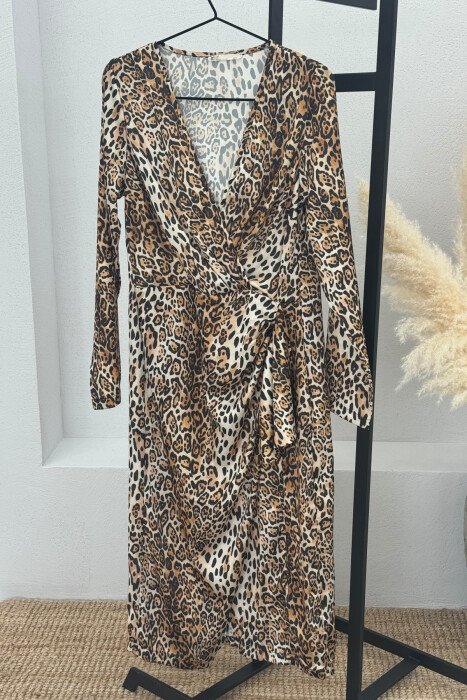 V NECK LONG SLEEVE WOMEN DRESS LEO/LEOPARD - 1