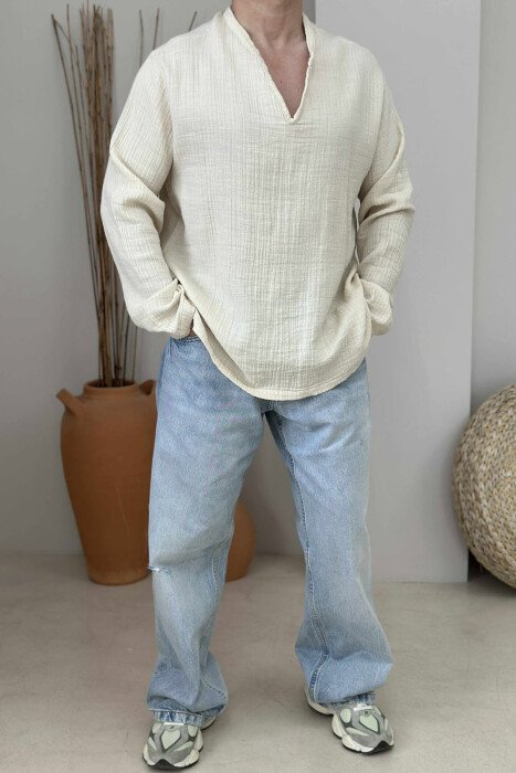 V NECK ONE COLOR MEN SHIRT BEIGE/BEZHE - 1