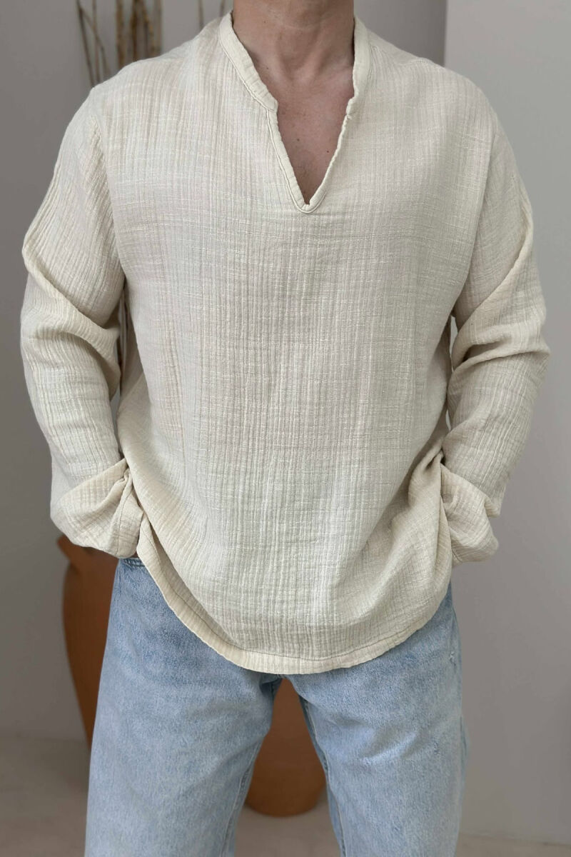 V NECK ONE COLOR MEN SHIRT BEIGE/BEZHE - 2