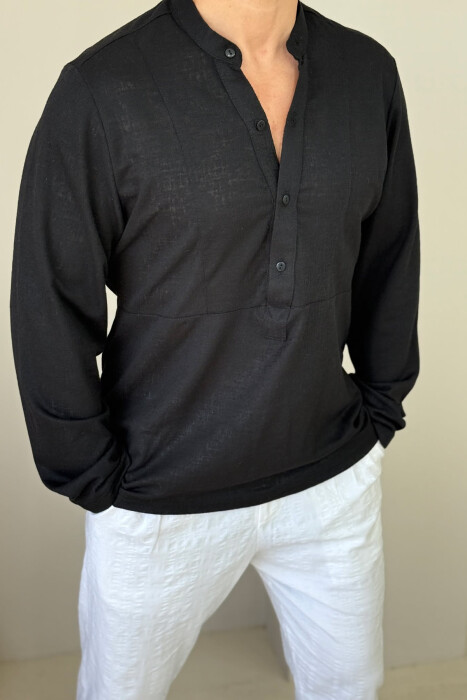V NECK ONE COLOR MEN SHIRT BLACK/ E ZEZE - 3