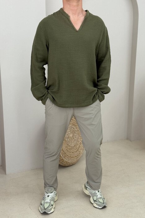 V NECK ONE COLOR MEN SHIRT GREEN/JESHILE - KLAUDIO FASHION