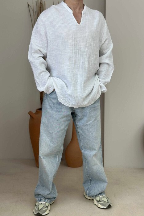 V NECK ONE COLOR MEN SHIRT WHITE-E BARDHE - KLAUDIO FASHION