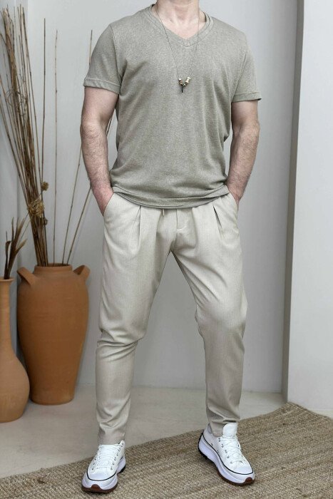 V NECK ONE COLOR MEN T-SHIRT BEIGE/BEZHE - 3