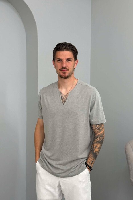 V NECK ONE COLOR MEN T-SHIRT LIGHT GREY/GZ - 1