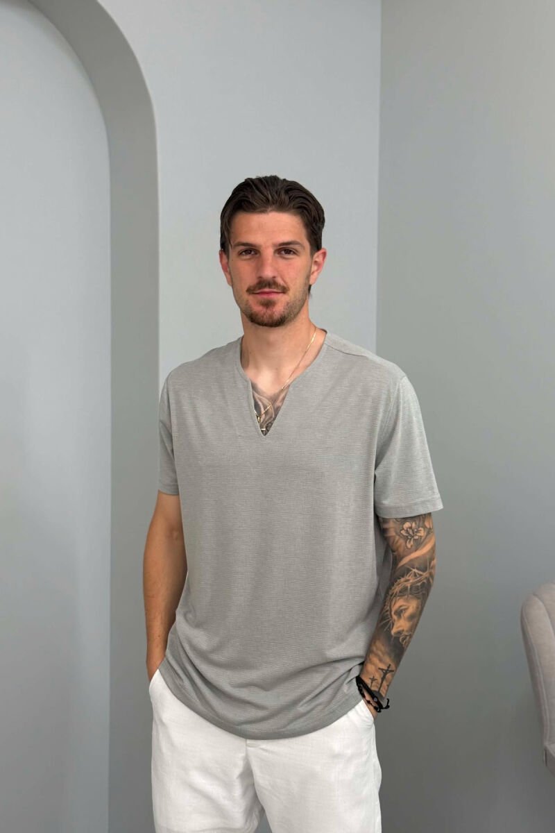 V NECK ONE COLOR MEN T-SHIRT LIGHT GREY/GZ - 1