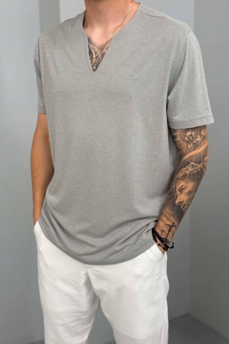 V NECK ONE COLOR MEN T-SHIRT LIGHT GREY/GZ - 4