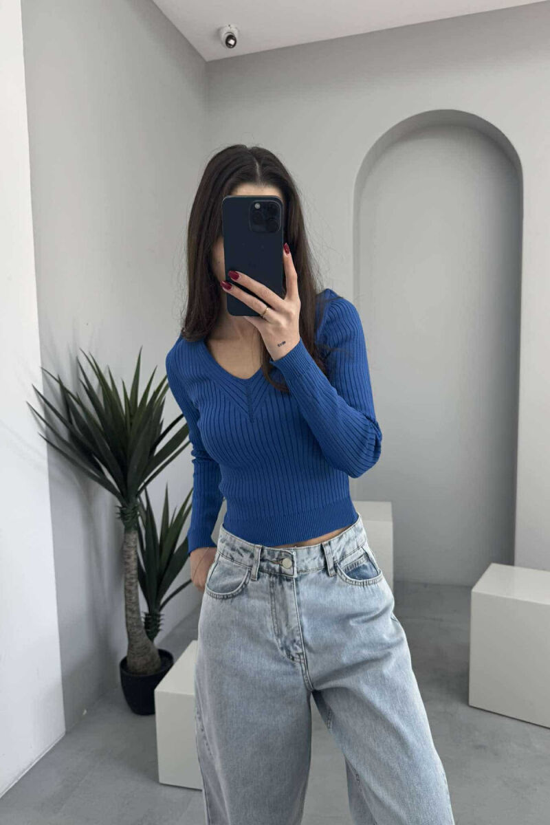 V NECK ONE COLOR SIMPLE WOMEN SWEATER BLUE/BLU - 1