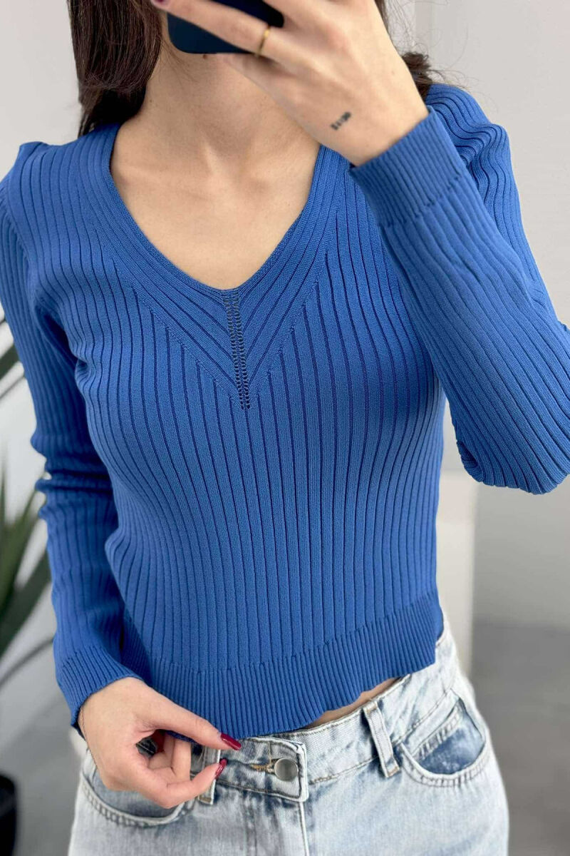 V NECK ONE COLOR SIMPLE WOMEN SWEATER BLUE/BLU - 3